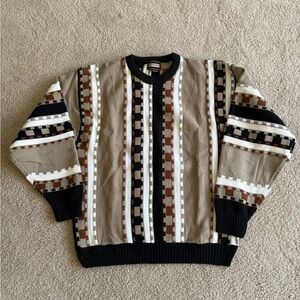 Vintage Y2K 90s coogi inspired Bachrach Men's Tan Black Geometric Sweater large